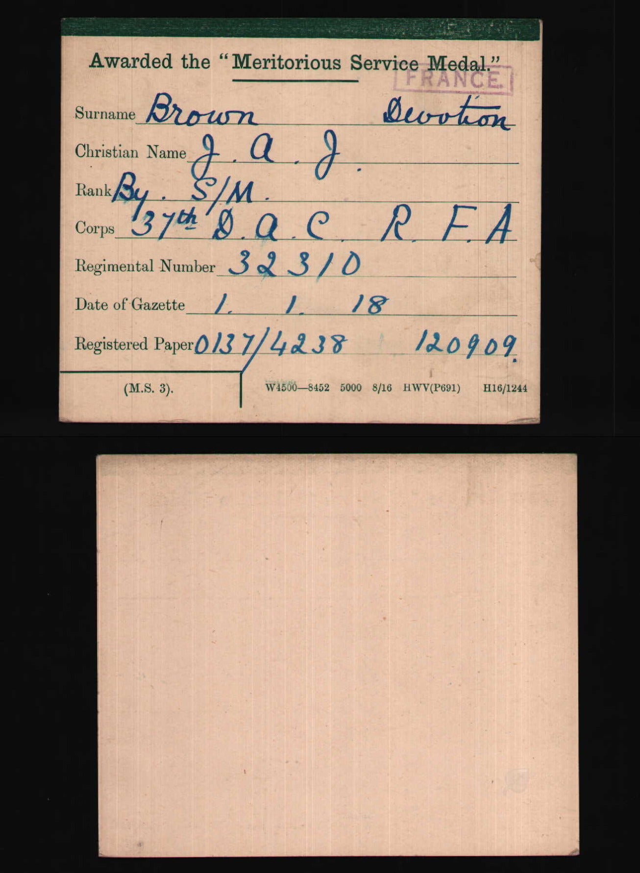 32310 Sjt J Brown R.F.A WW1 Trio, LSGC, MSM
