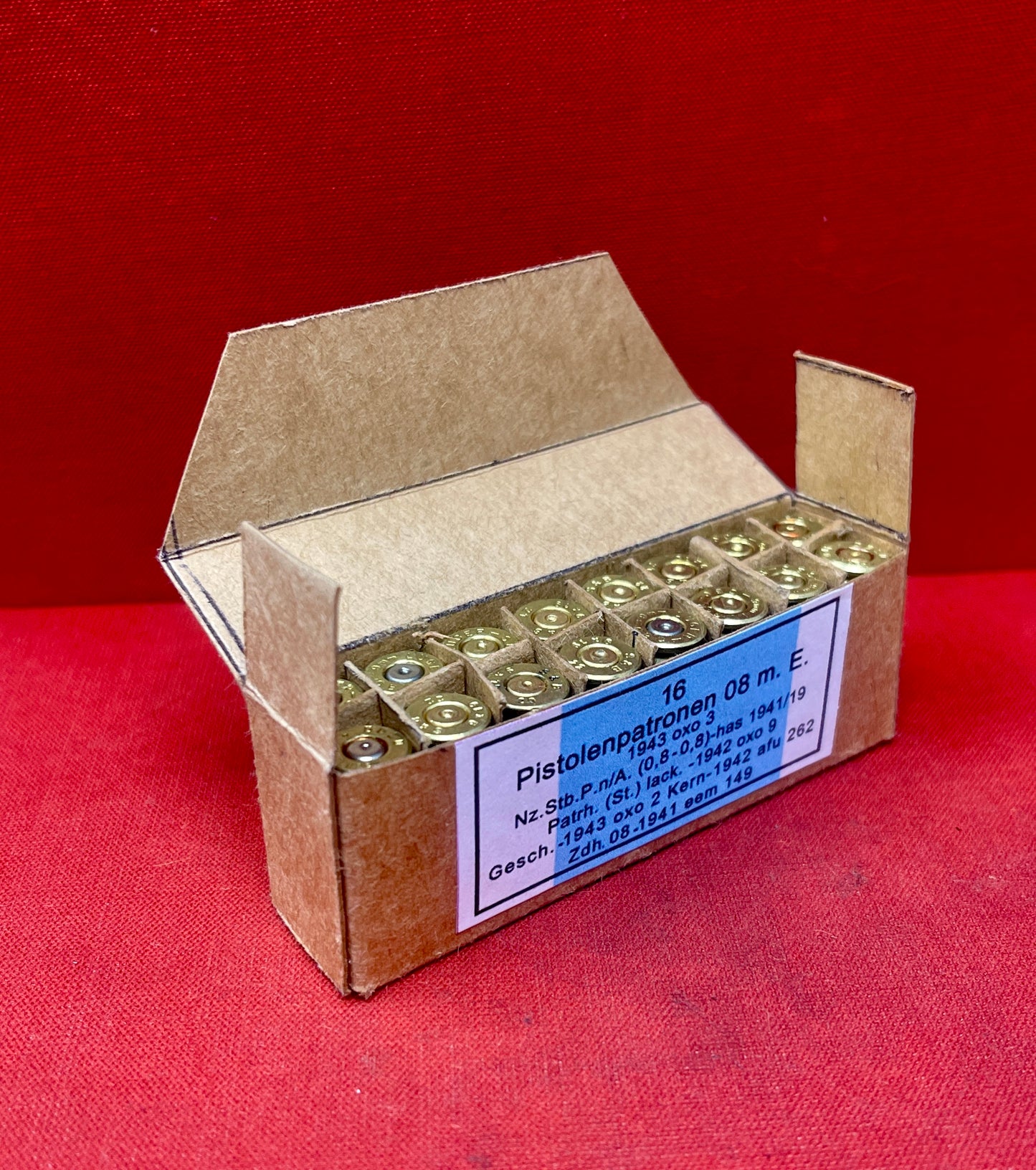 16 x INERT 9mm Luger Pistolenpatronen 08m E 1942 reproduction box