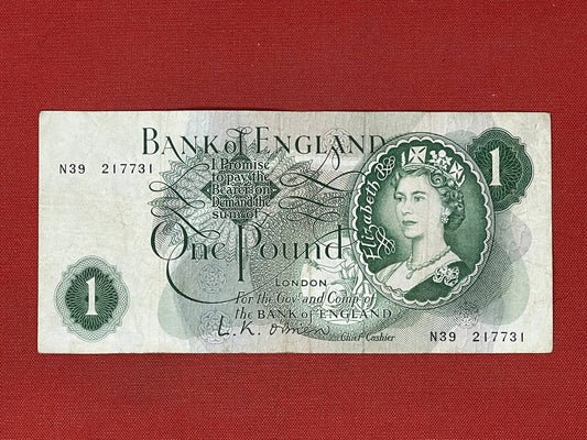 1960 - 1963 Bank of England L K O'Brien Green £1 One Pound Banknote 17th March 1960