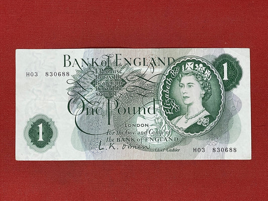 1960 - 1963 Bank of England L K O'Brien Green £1 One Pound Banknote 17th March 1960