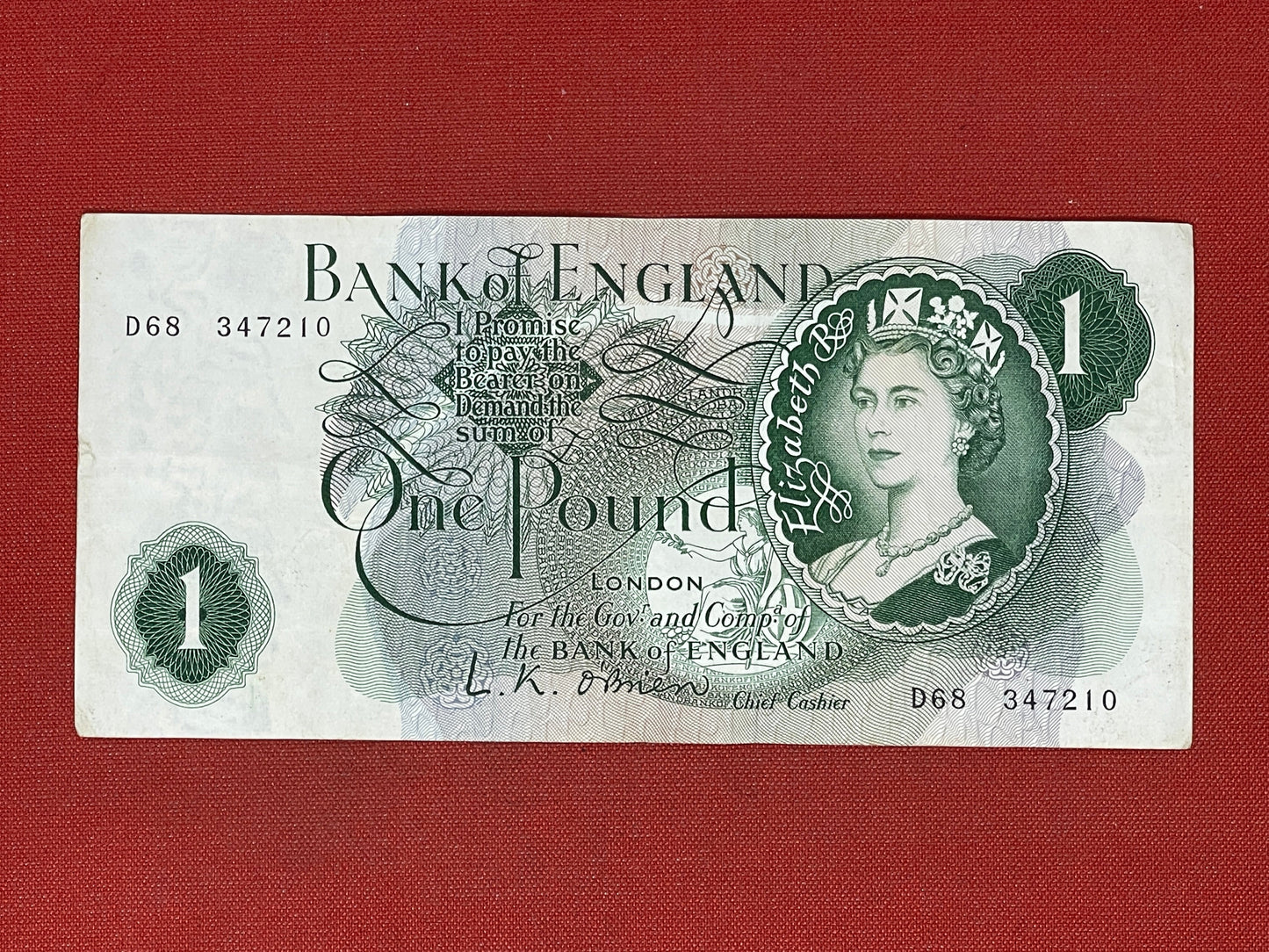 1960 - 1963 Bank of England L K O'Brien Green £1 One Pound Banknote 17th March 1960