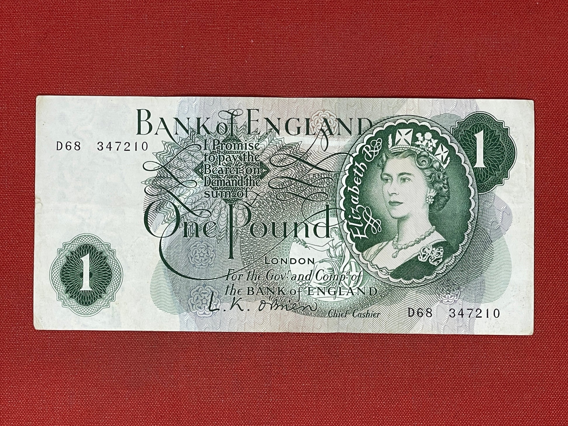 1960 - 1963 Bank of England L K O'Brien Green £1 One Pound Banknote 17th March 1960
