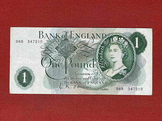 1960 - 1963 Bank of England L K O'Brien Green £1 One Pound Banknote 17th March 1960