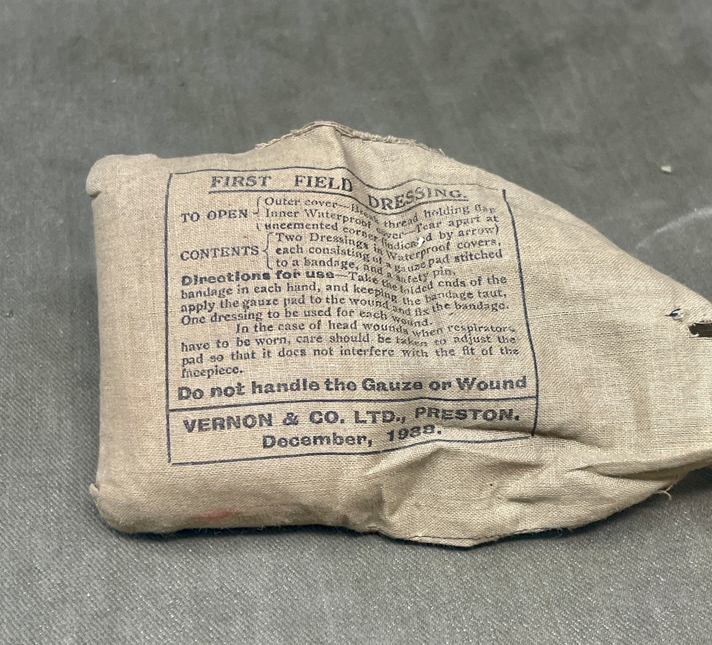 British WW2 ( Single ) First Field Dressing 1938 Dated