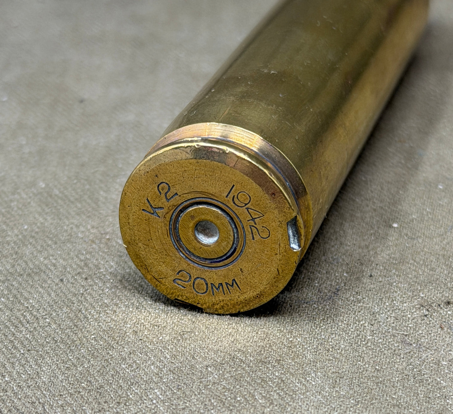 Original WWII 1943 20mm Brass Cartridge Case – K Kynoch – Collectible Ammunition