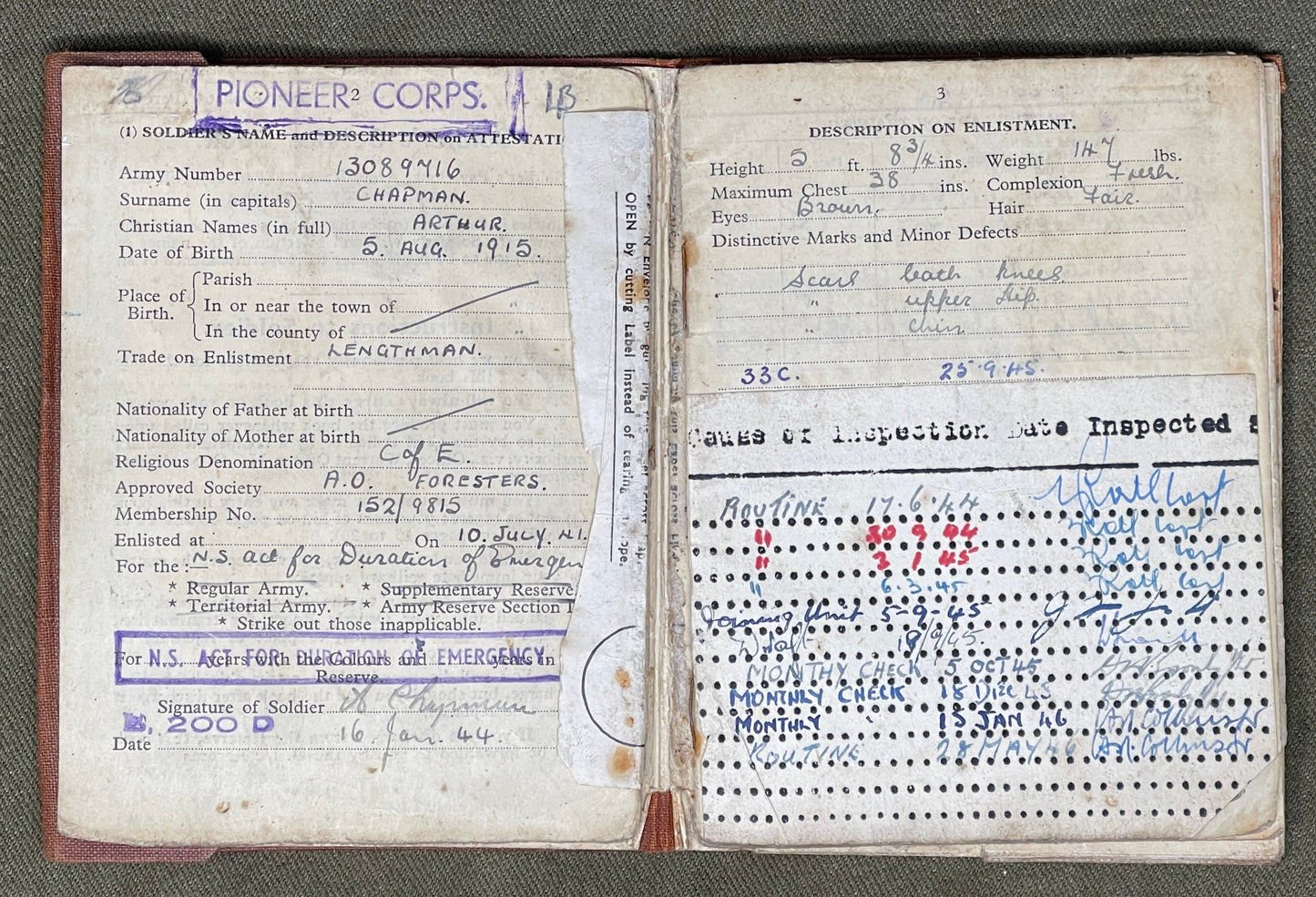 A really interesting selection of original WW2 Service paperwork relating to Arthur CHAPMAN 13089716 who served in the Pioneer Corp.