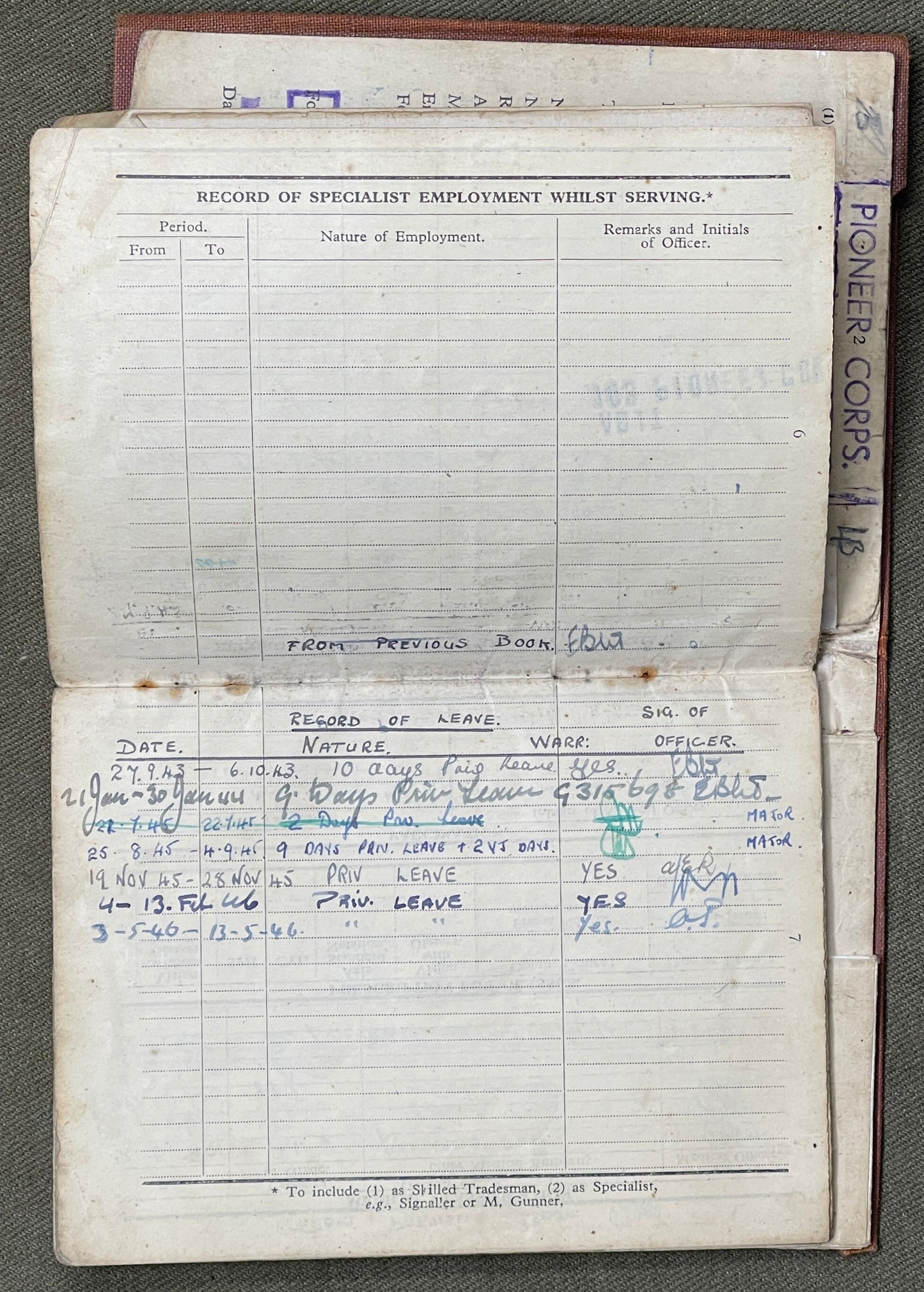 A really interesting selection of original WW2 Service paperwork relating to Arthur CHAPMAN 13089716 who served in the Pioneer Corp.