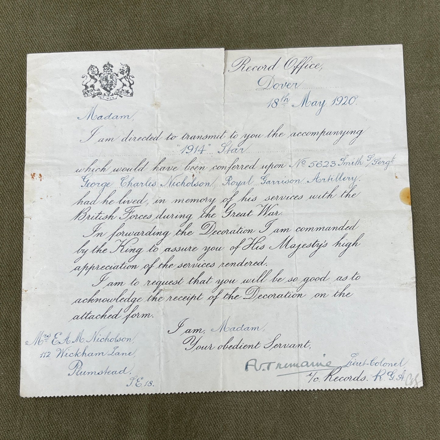 5623 S/Sgt G Nicholson Royal Garrison Artillery