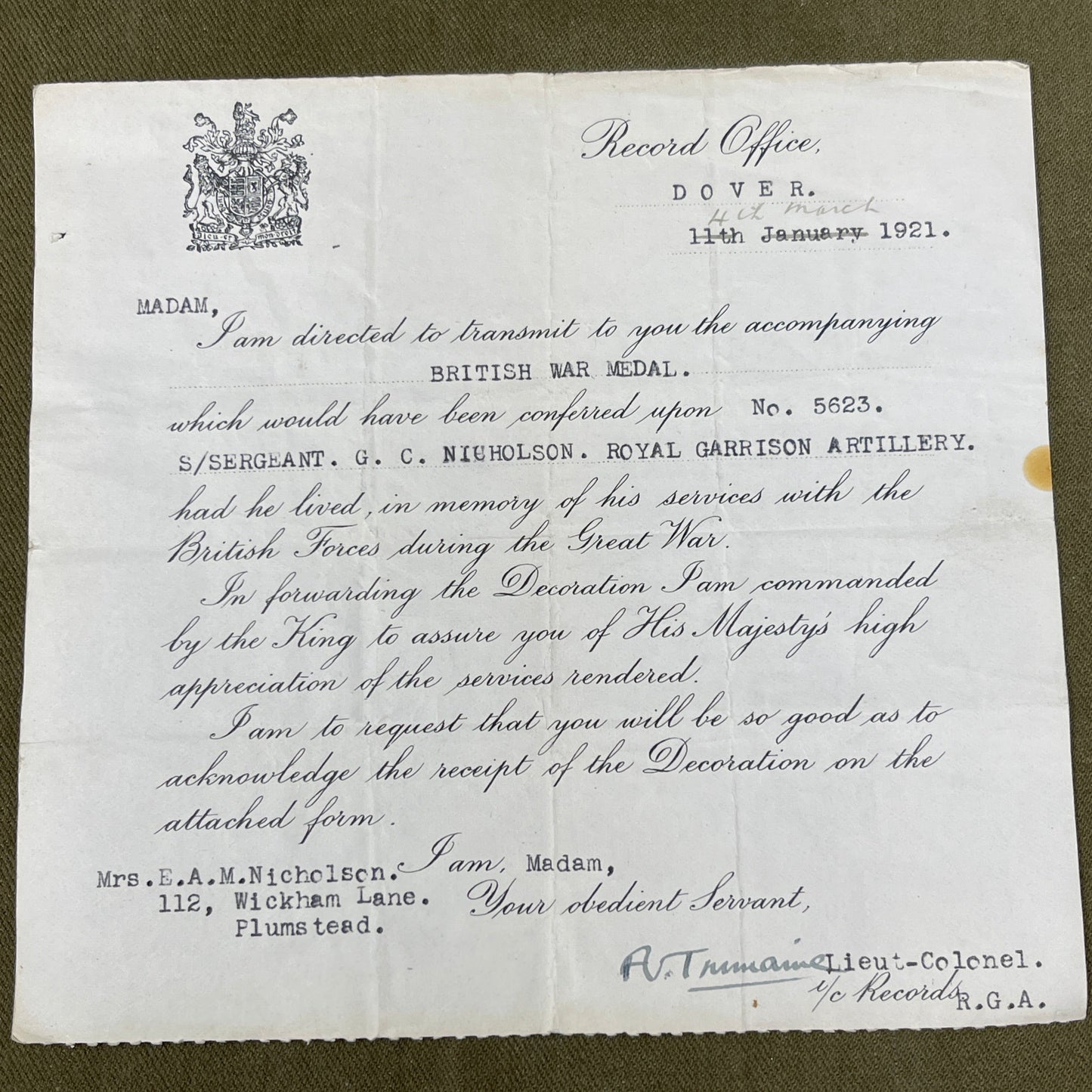 5623 S/Sgt G Nicholson Royal Garrison Artillery