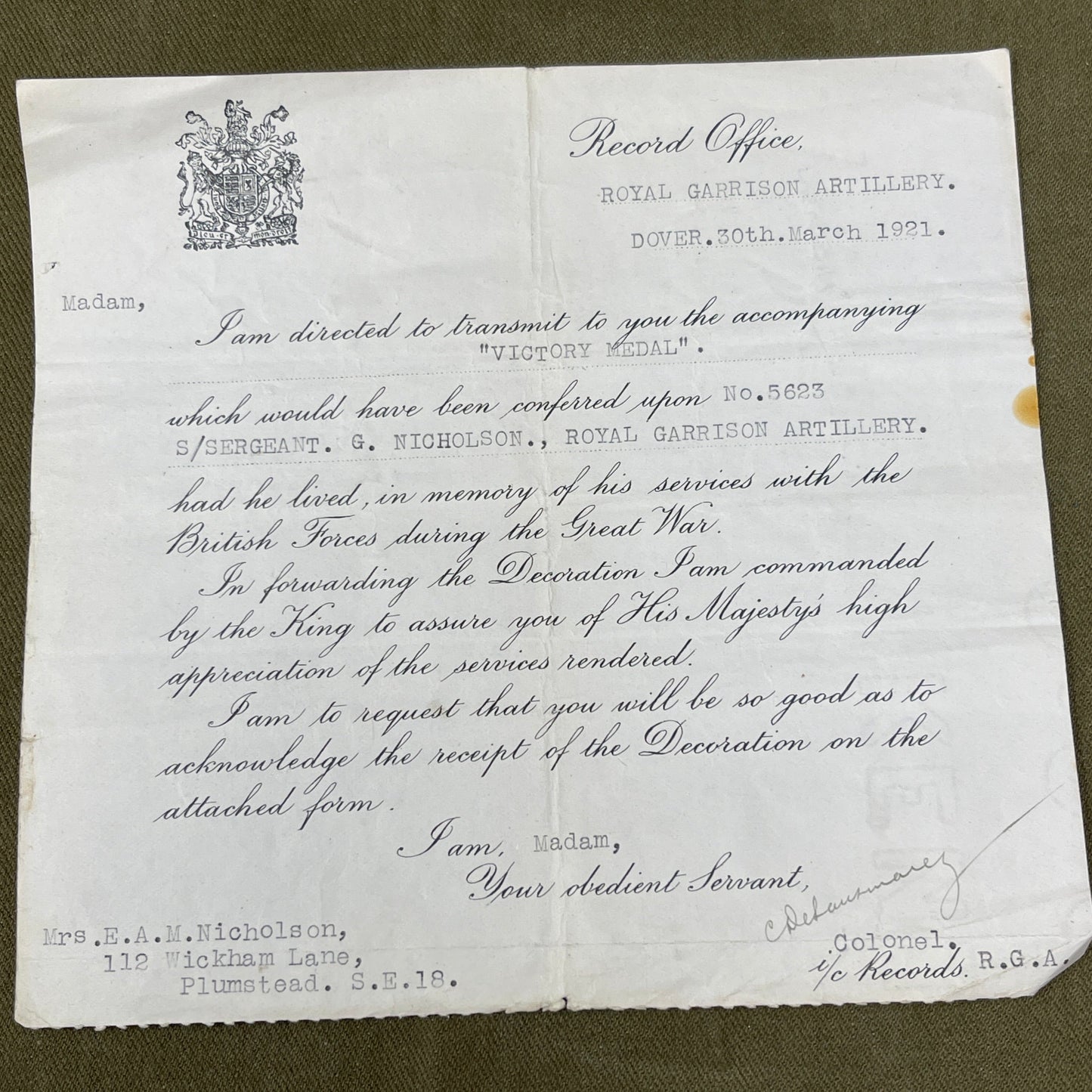 5623 S/Sgt G Nicholson Royal Garrison Artillery