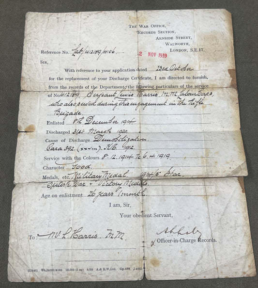 Service Record  412189 Sgt lewis Harris MM