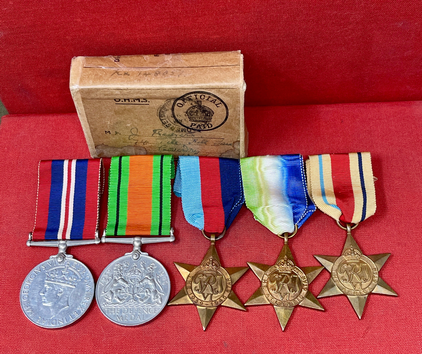 A WWII Medal Group Defence Medal, War Medal, Africa , France Germany & 1939-45 Stars.