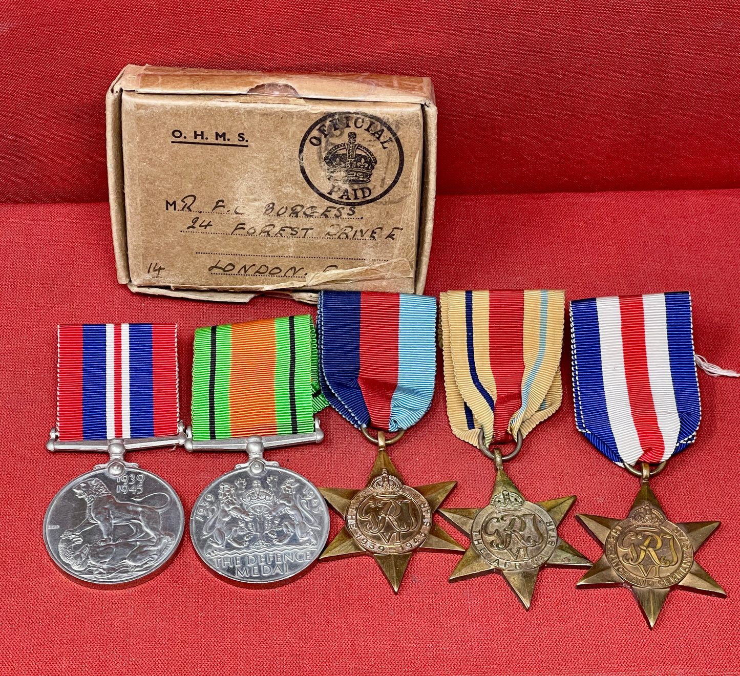 A WWII Medal Group Defence Medal, War Medal, Africa , France Germany & 1939-45 Stars.