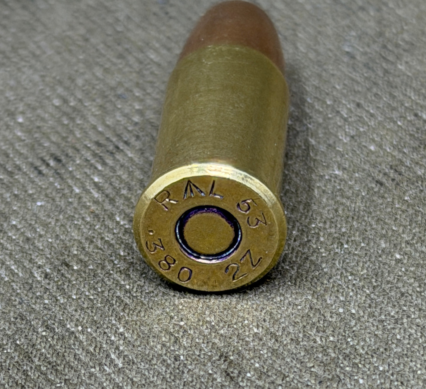 Original INERT British .380 Webley Round — 1953 RG Radway Green Brass Cartridge