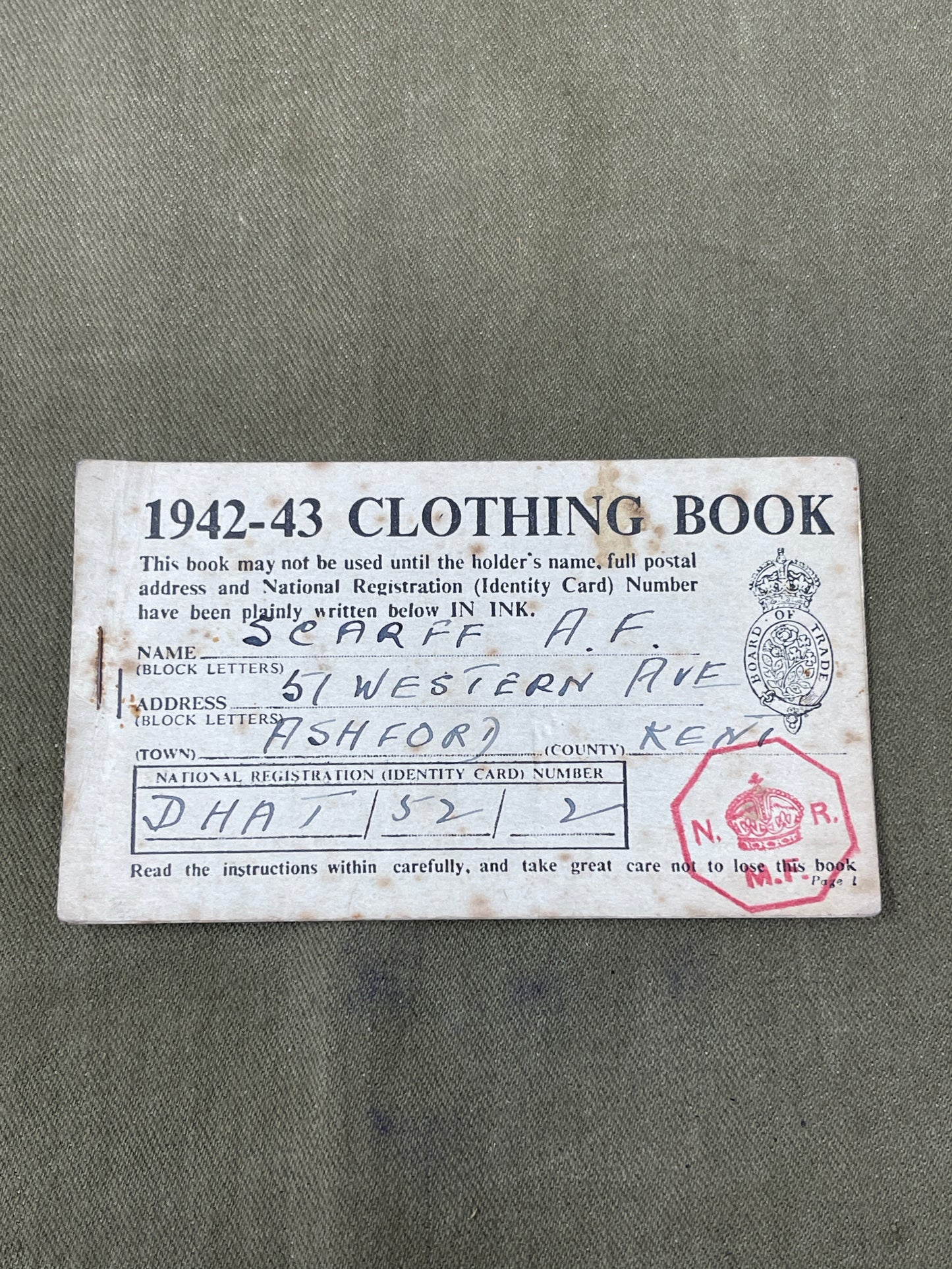 WW2 Home Front Food and Clothing Ration Book, National Health Insurance Card