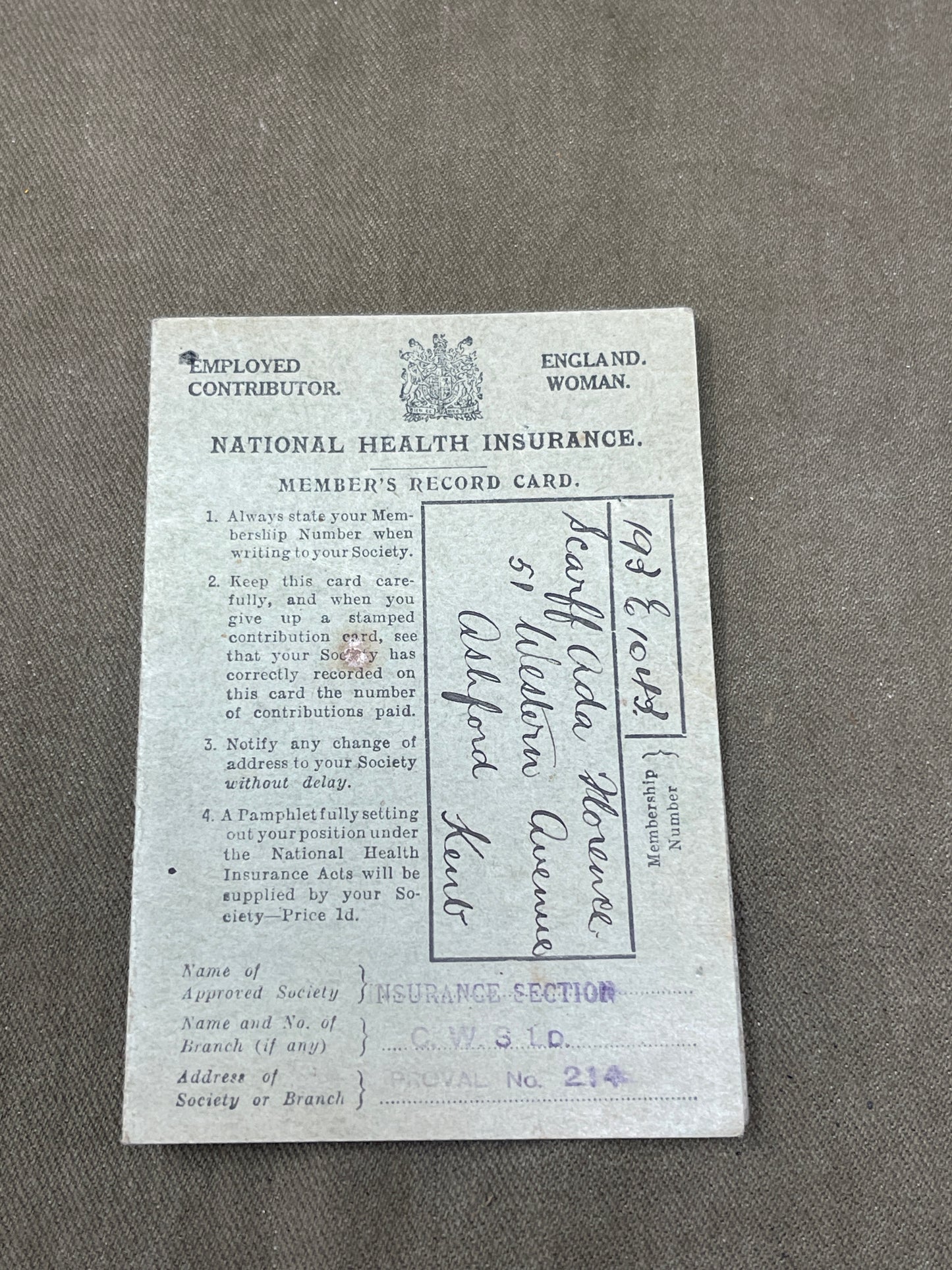 WW2 Home Front Food and Clothing Ration Book, National Health Insurance Card