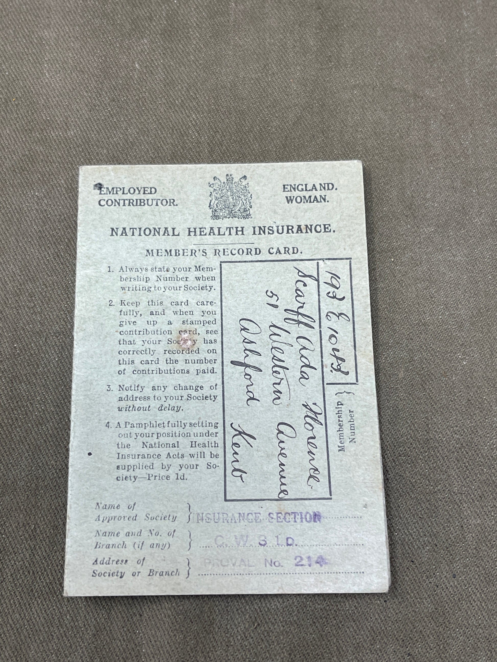 WW2 Home Front  Food and Clothing Ration Book, National Health Insurance Card
