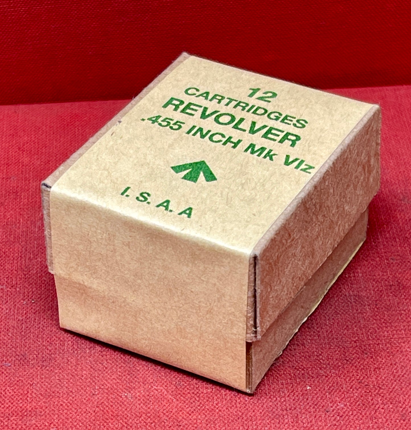 Authentic 12-round reproduction box of British .455 inert/display revolver cartridges. Perfect for collectors, reenactors, and historical displays. Safe & non-functional.