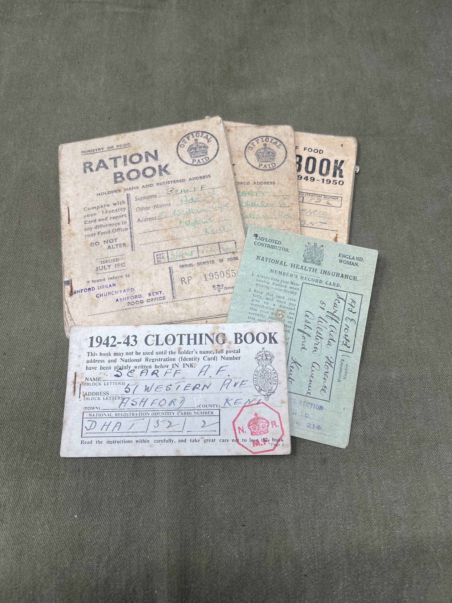 WW2 Home Front Food and Clothing Ration Book, National Health Insurance Card
