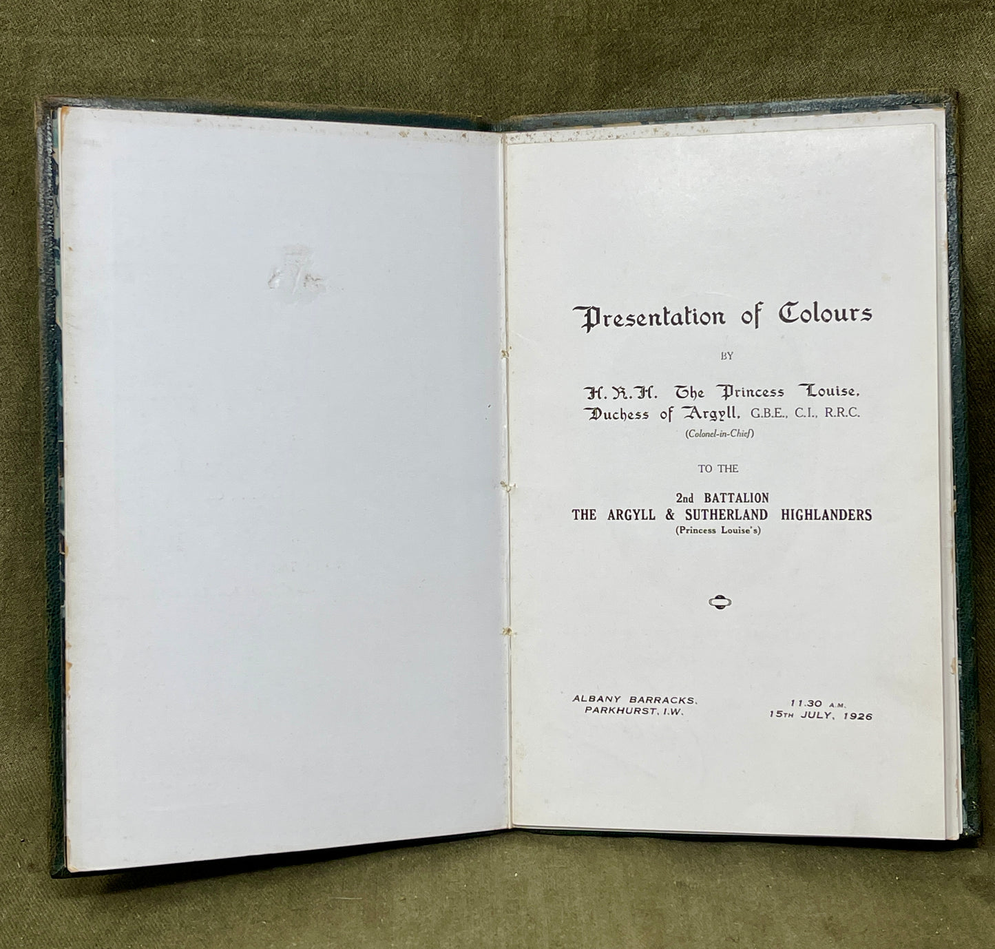 Original Official Program Presentation of Colours to the 2nd Battalion The Argyll & Sutherland Highlanders 11.30am 15th July 1926