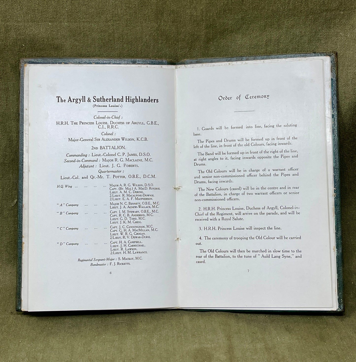 Original Official Program Presentation of Colours to the 2nd Battalion The Argyll & Sutherland Highlanders 11.30am 15th July 1926