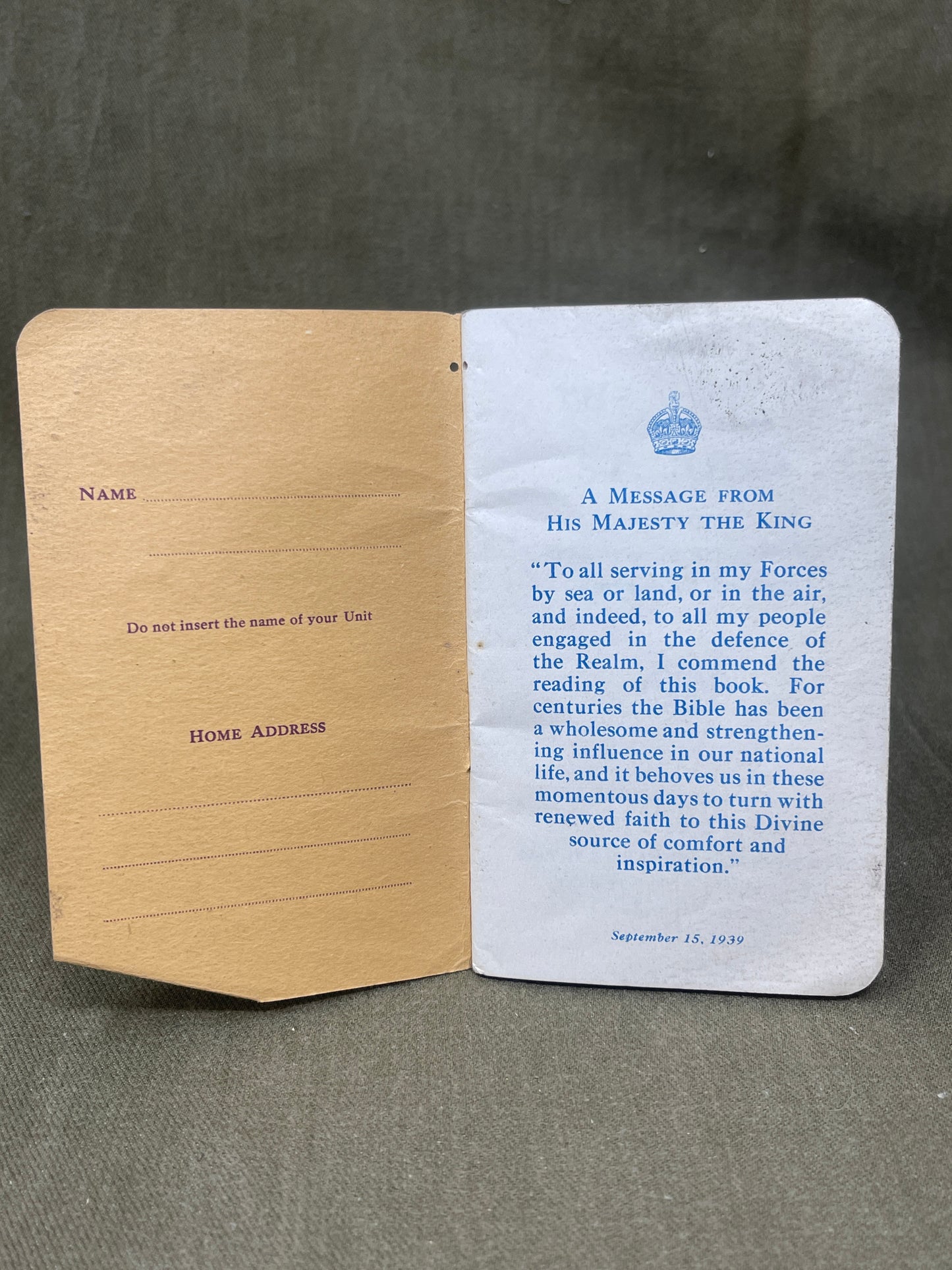 The Gospel of St. John: Active Service Edition was a compact, pocket-sized scripture booklet issued to British and Commonwealth soldiers during World War II. Designed to fit in a battle blouse pocket, this special edition provided spiritual support to troops facing the hardships of war. Often featuring a message from King George VI, it was distributed by religious organizations like the Scripture Gift Mission. The booklet served as a source of comfort, faith, and resilience on the front lines. Today, surviv