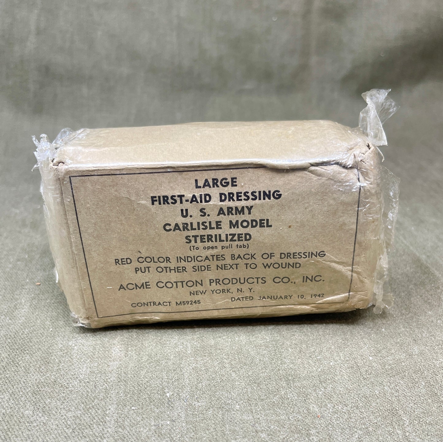 Large First Aid Dressing U.S. Army Carlisle Model Acme Cotton Products Co. Inc. Wound Dressing