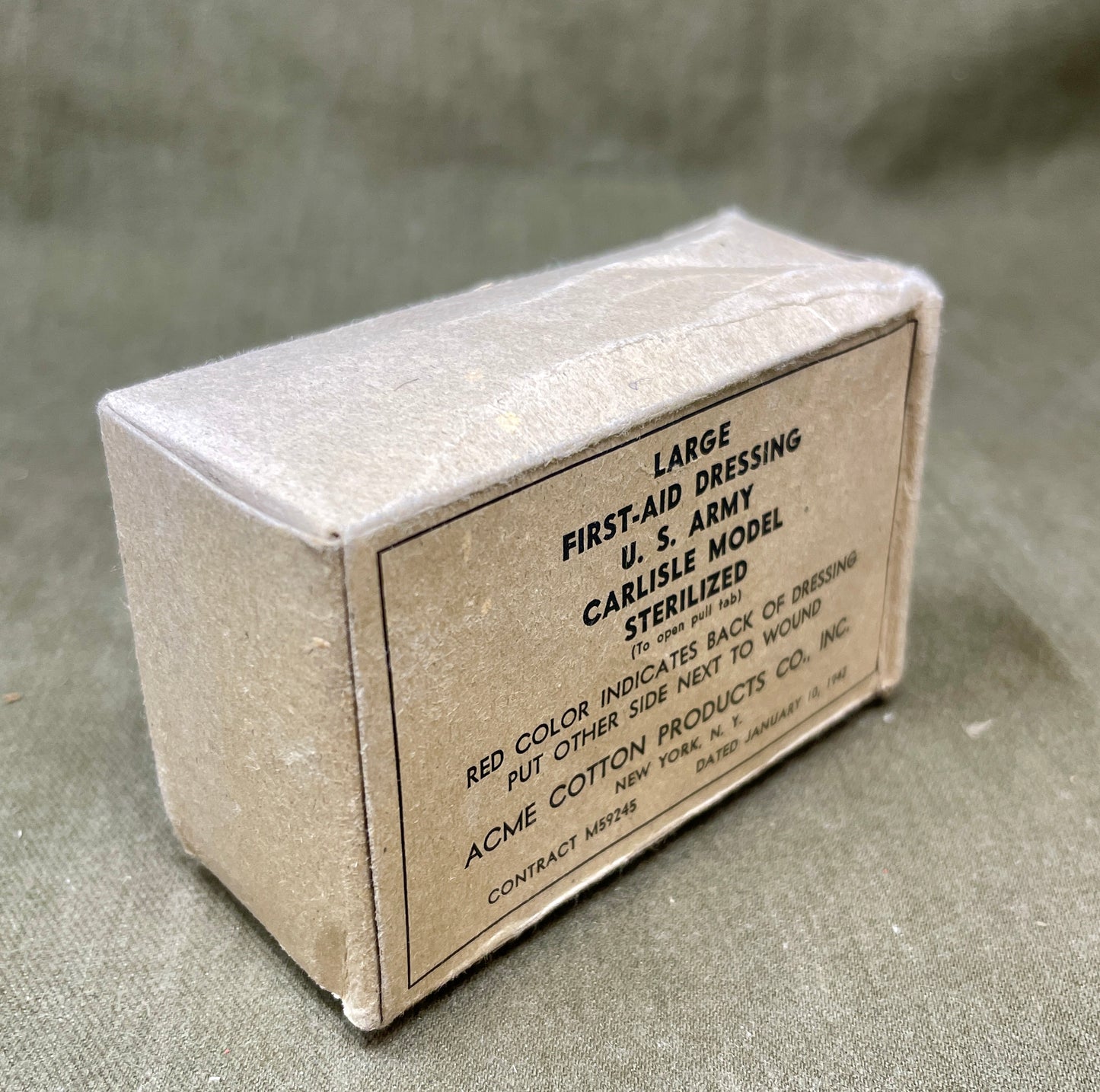 Large First Aid Dressing U.S. Army Carlisle Model Acme Cotton Products Co. Inc. 1942 Dated