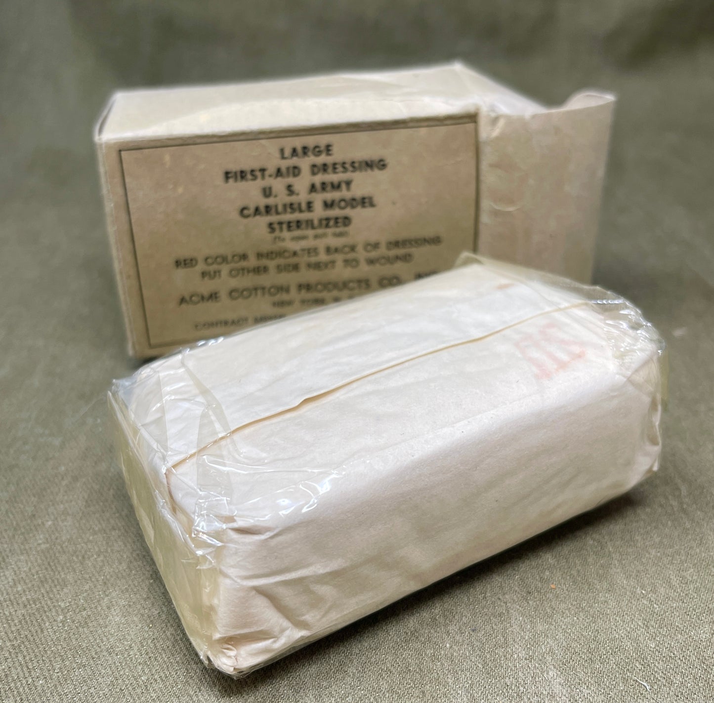 Large First Aid Dressing U.S. Army Carlisle Model Acme Cotton Products Co. Inc. 1942 Dated