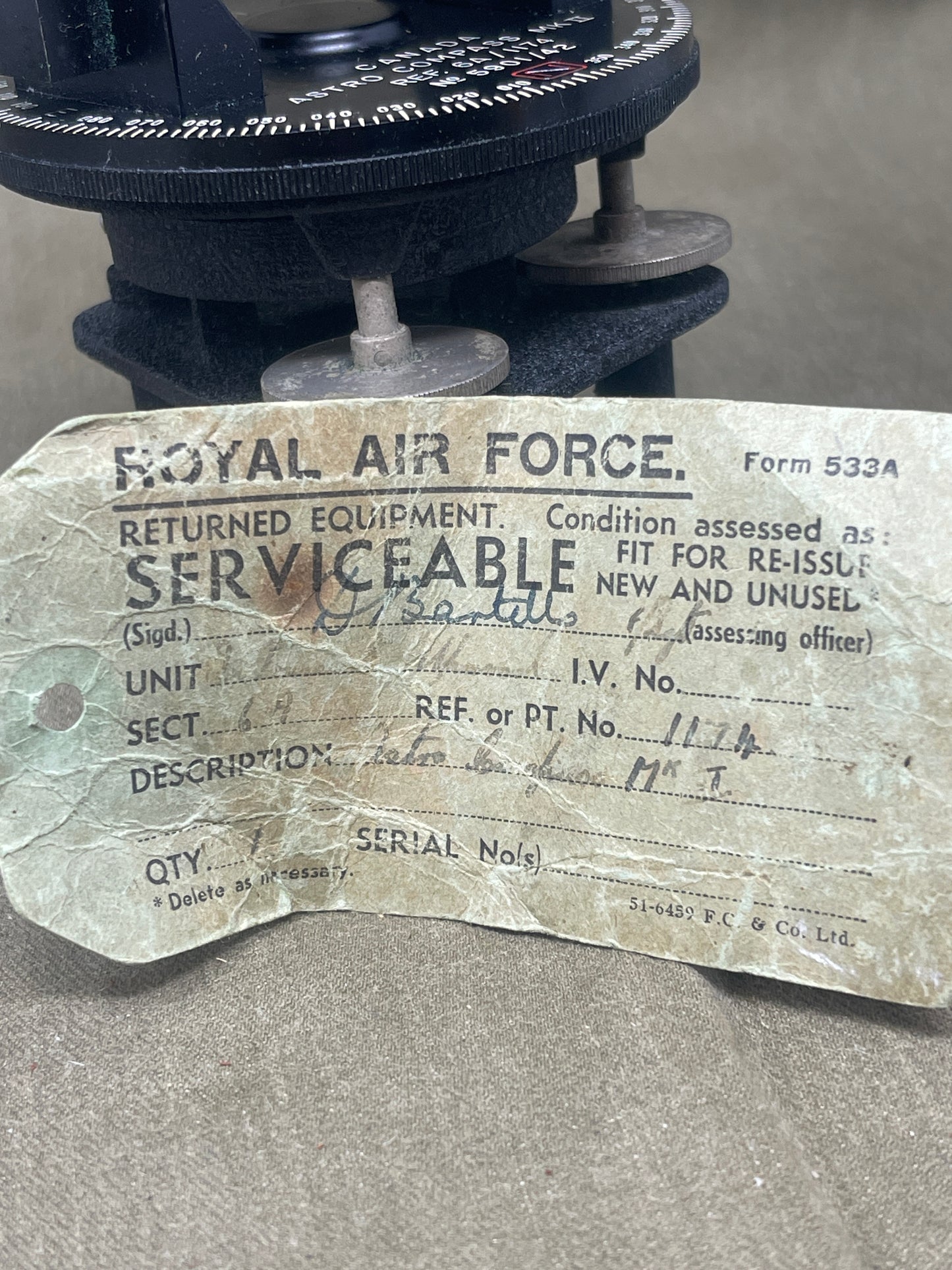 Royal Air Force WWII RAF Bomber Aircraft Canadian ASTRO MK II Compass