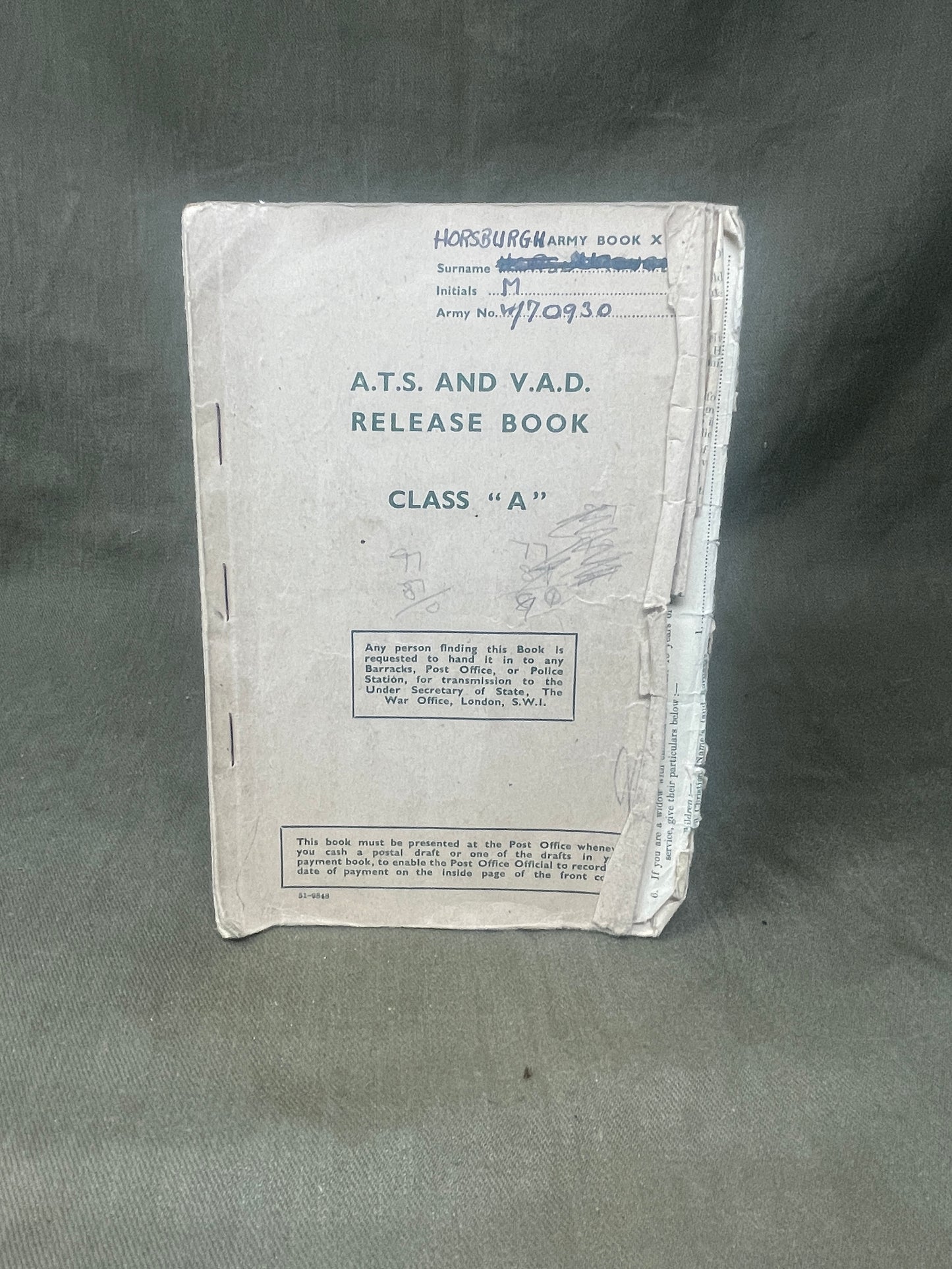 Explore the WW2 British Army A.T.S. and V.A.D. Release Book – Class A for M. Horsburgh. A historical document detailing women's wartime service and demobilization.