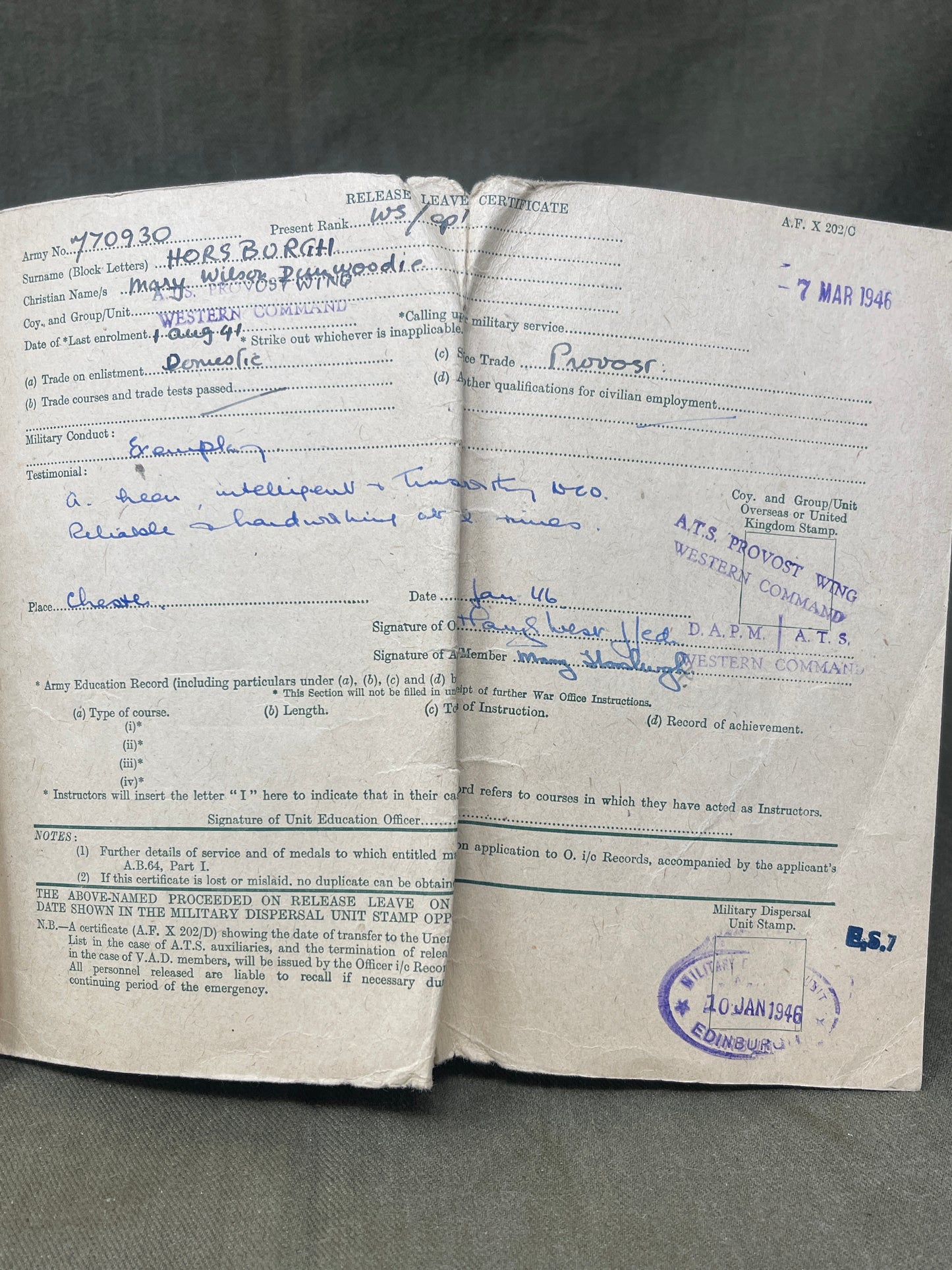 Explore the WW2 British Army A.T.S. and V.A.D. Release Book – Class A for M. Horsburgh. A historical document detailing women's wartime service and demobilization.