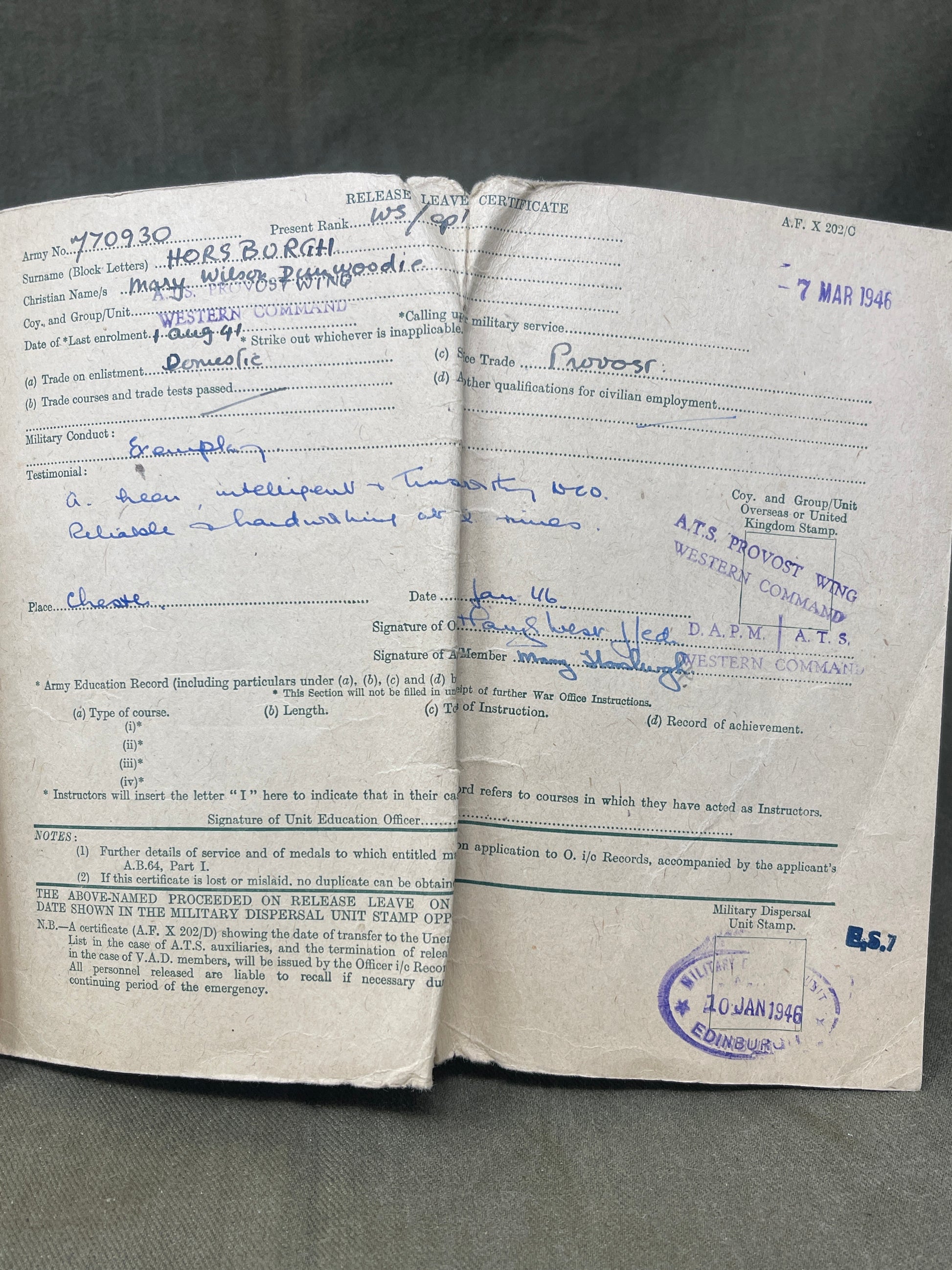 Explore the WW2 British Army A.T.S. and V.A.D. Release Book – Class A for M. Horsburgh. A historical document detailing women's wartime service and demobilization.