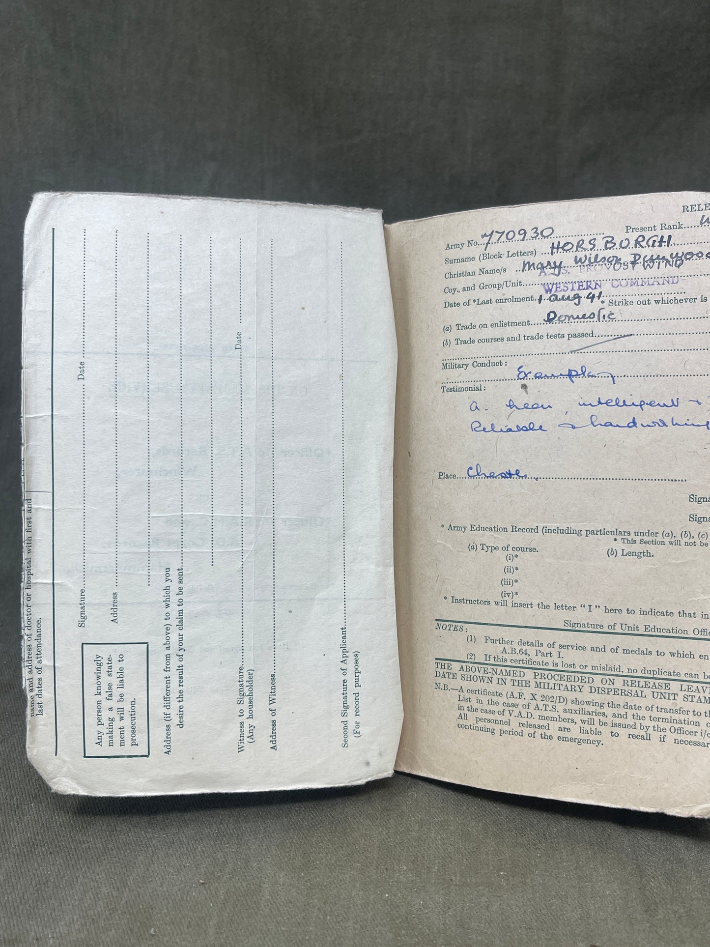 Explore the WW2 British Army A.T.S. and V.A.D. Release Book – Class A for M. Horsburgh. A historical document detailing women's wartime service and demobilization.