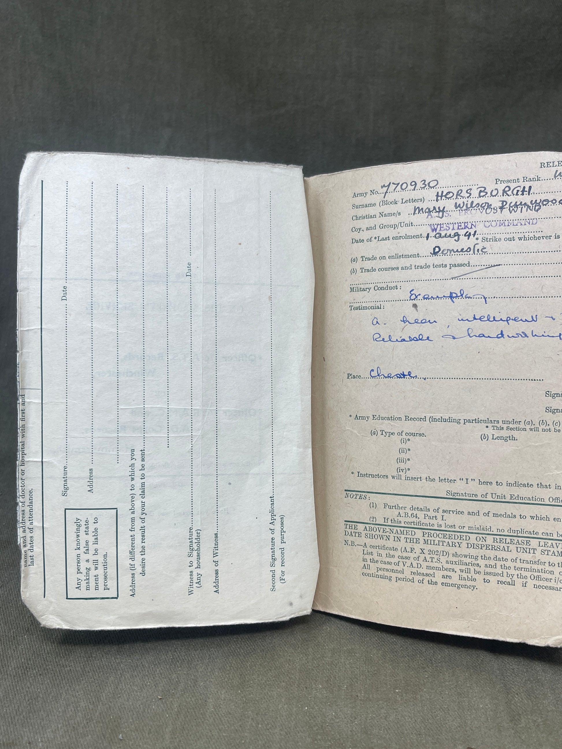 Explore the WW2 British Army A.T.S. and V.A.D. Release Book – Class A for M. Horsburgh. A historical document detailing women's wartime service and demobilization.