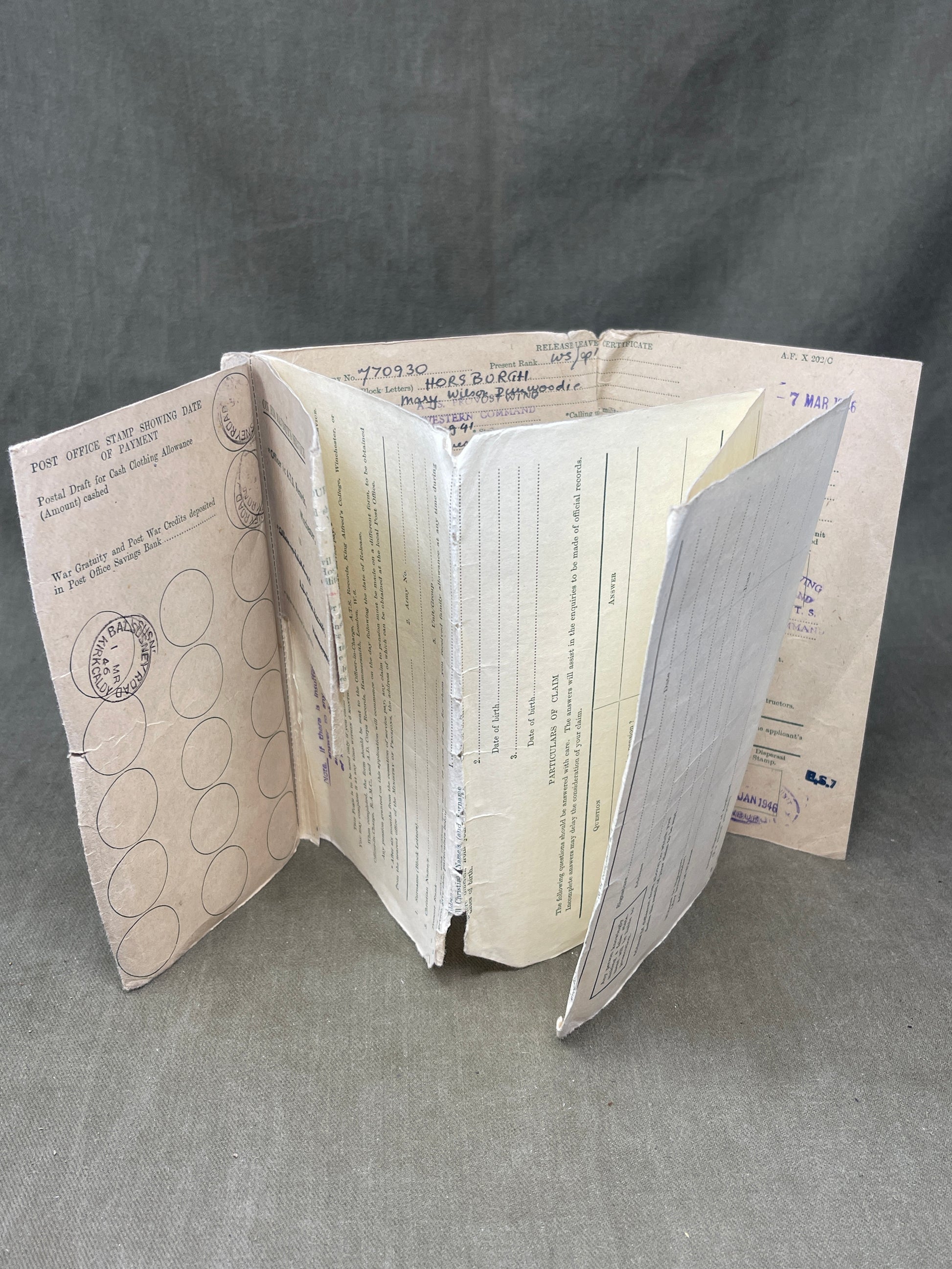 Explore the WW2 British Army A.T.S. and V.A.D. Release Book – Class A for M. Horsburgh. A historical document detailing women's wartime service and demobilization.