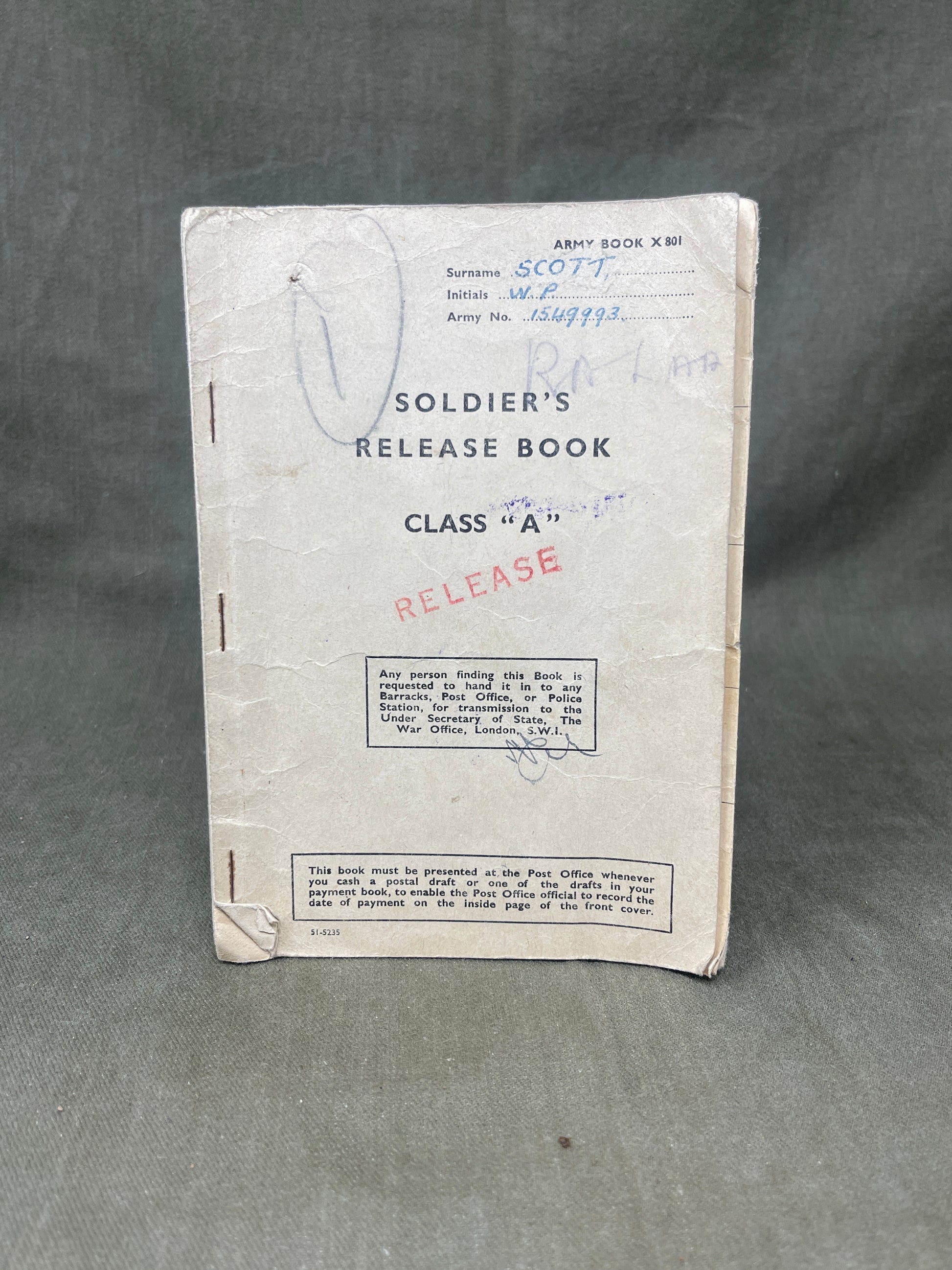 Discover the WW2 British Army Soldiers Release Book – Class A for W.P. Scott. A historical document detailing the discharge of a soldier from wartime service.