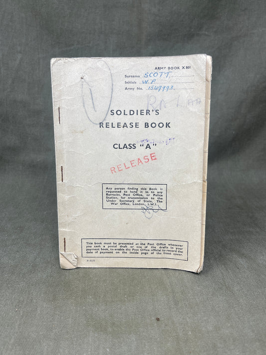Discover the WW2 British Army Soldiers Release Book – Class A for W.P. Scott. A historical document detailing the discharge of a soldier from wartime service.