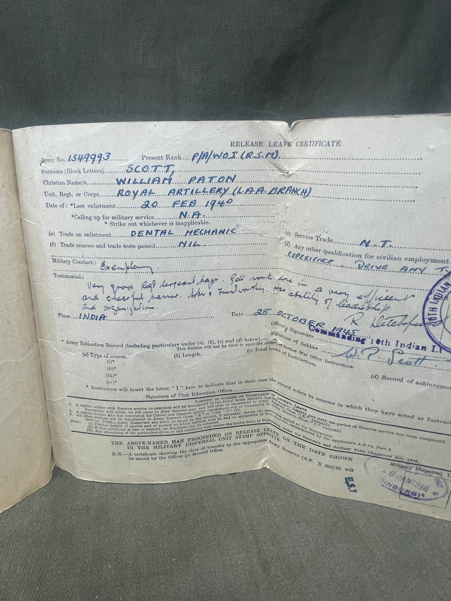 Discover the WW2 British Army Soldiers Release Book – Class A for W.P. Scott. A historical document detailing the discharge of a soldier from wartime service.