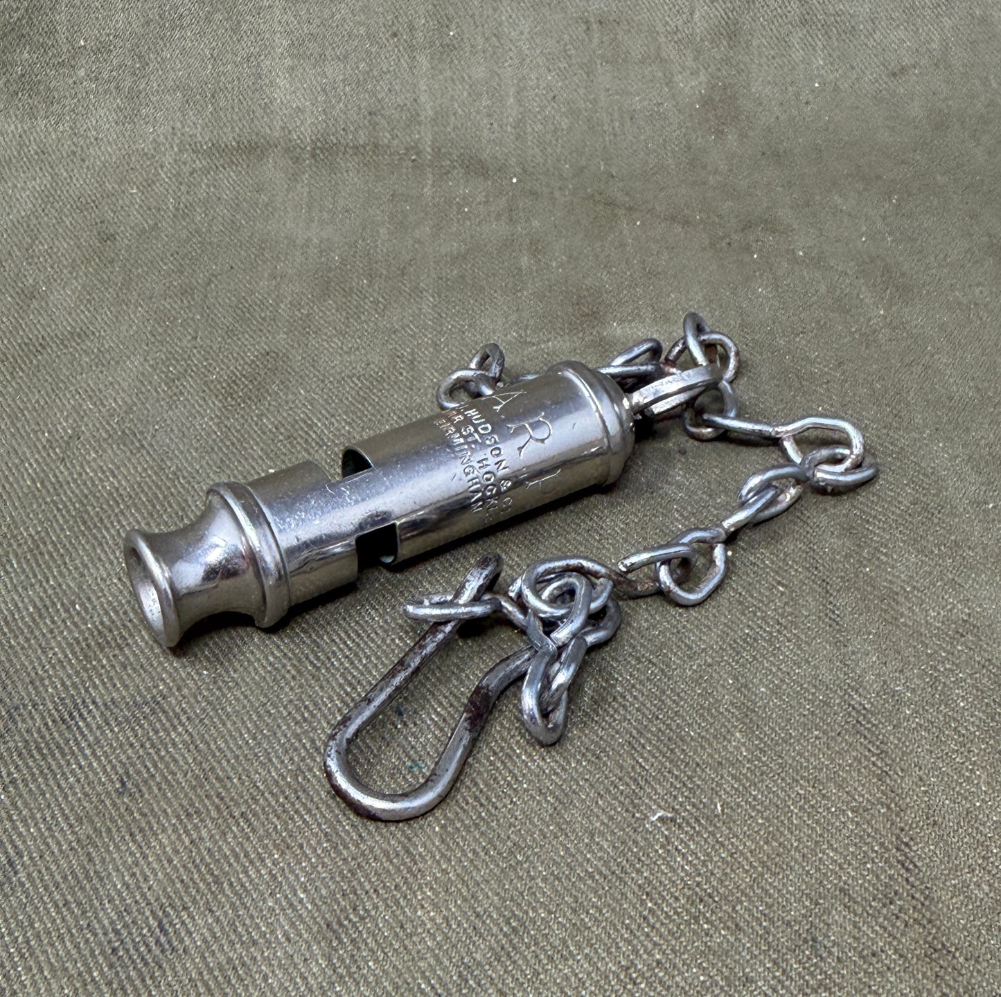 Original WWII British A.R.P. Air Raid Precautions Whistle by J. Hudson & Co, Birmingham with Original Chain