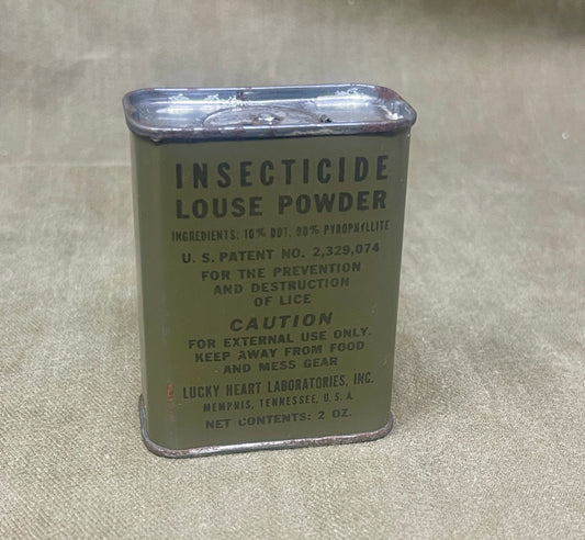 Genuine WWII US insecticide powder tin, manufactured by McCormick & Co., Baltimore, Maryland. Contents: 2 oz. Issued to every GI.
Mint, unopened condition, straight from the carton dated June 1943