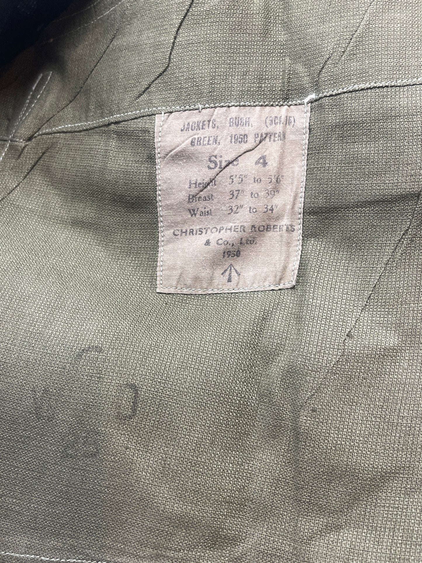Original 1950 British Army Jungle Green Bush Jacket – Size 4, Christopher Roberts & Co. – Excellent Condition