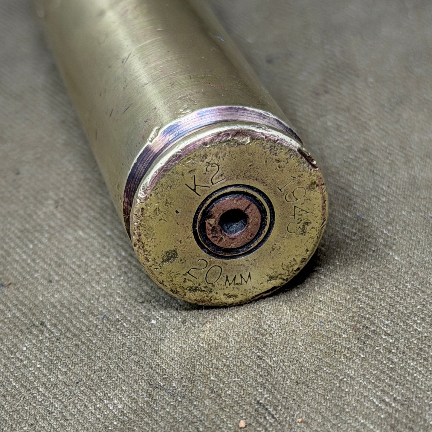 Original British WWII 20mm Hispano Fired Brass Case – K2 1943 Dated – Kynoch Standish