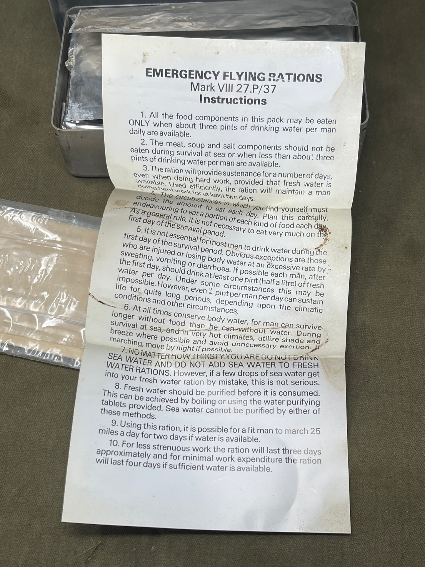 Shop a complete Royal Air Force Mark VIII Emergency Flying Rations tin (27P P.D/74). Rare WW2 survival kit issued to RAF aircrew—perfect for collectors.