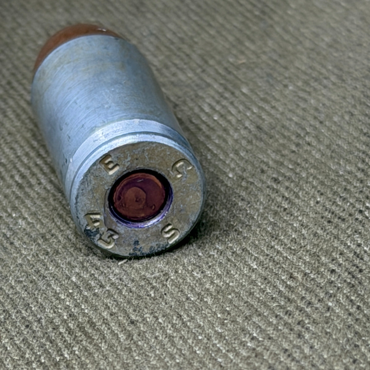 Original WW2 US .45 ACP Cartridge – EC 43 – Evansville Sunbeam – 1943 Steel Case – Inert