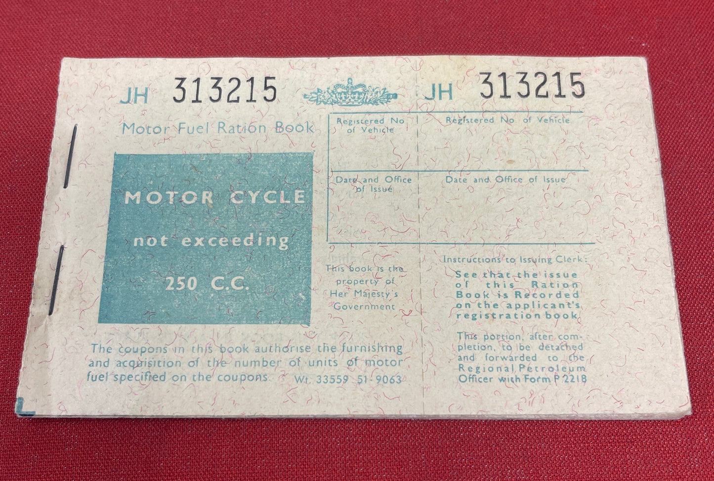 Motor Fuel Ration Book for Motor Cycle not exceeding 250CC