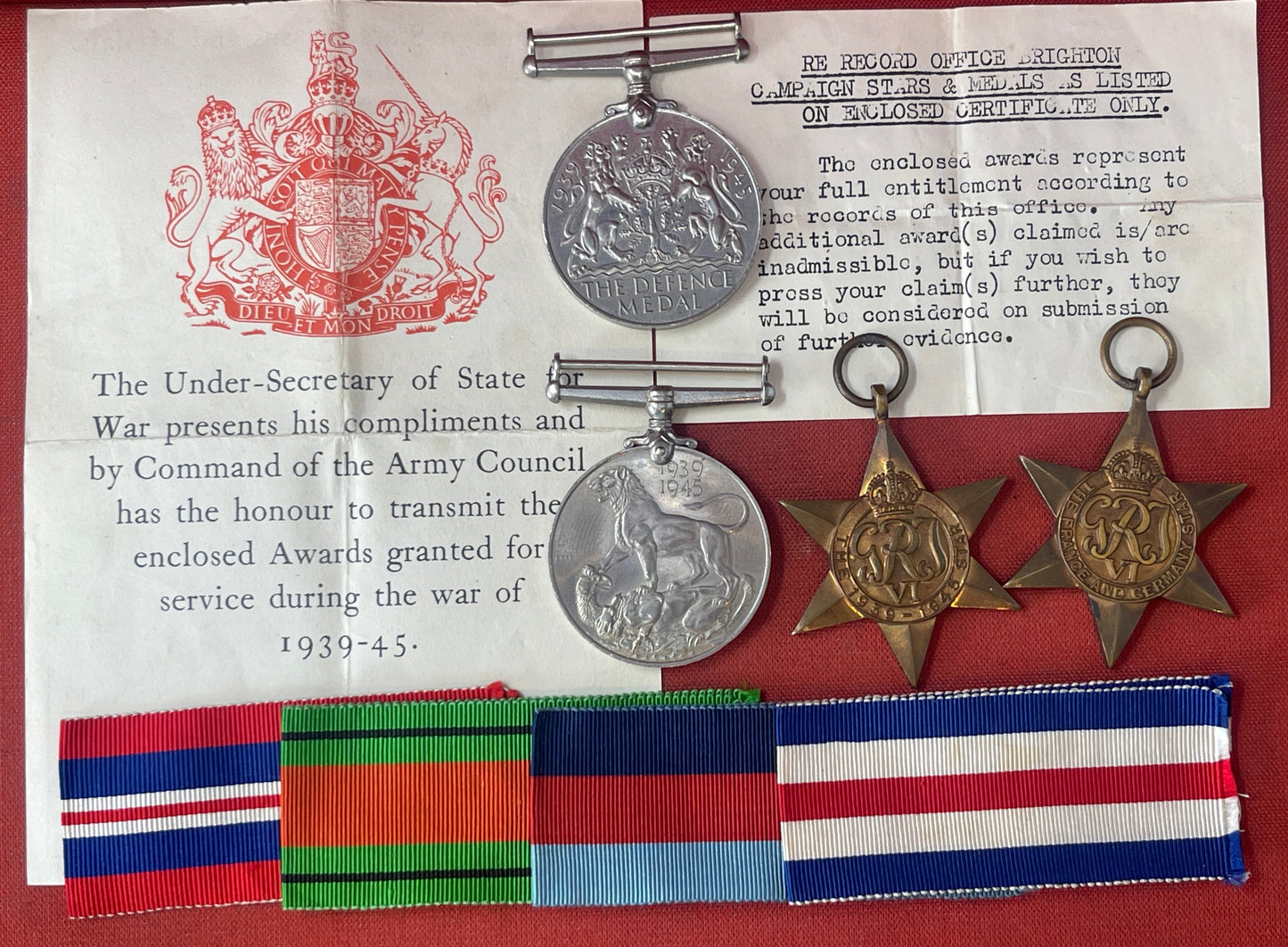WW2 Set of British War Medals, Defence Medal, 1939-45 Medal, 1939-45 Star, France Germany Star