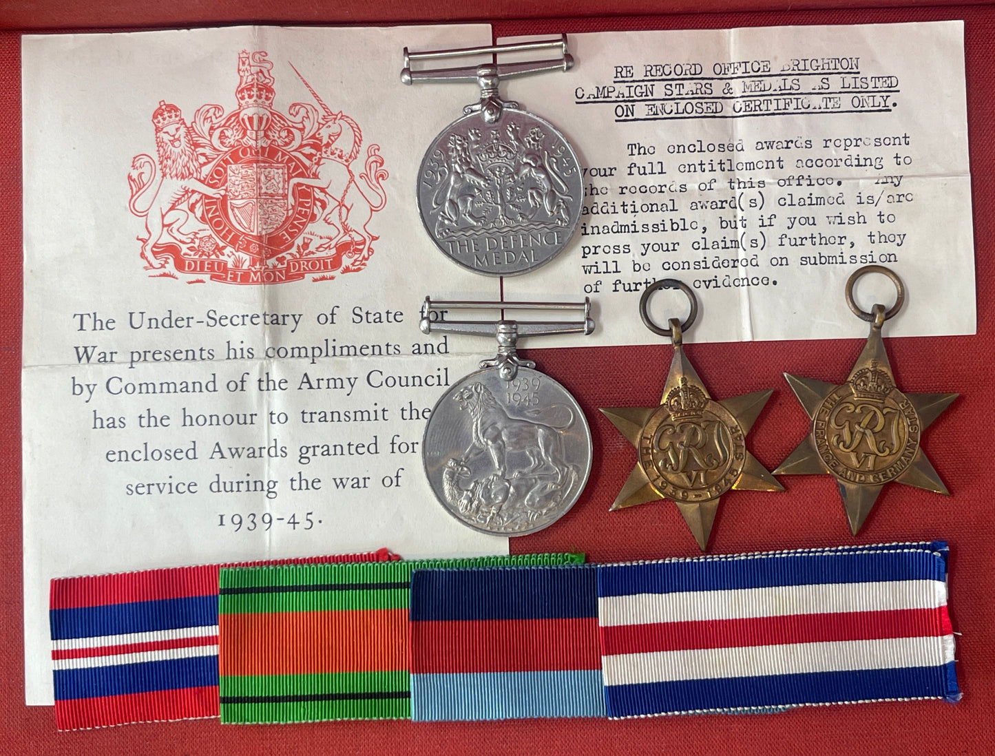 WW2 Set of British War Medals, Defence Medal, 1939-45 Medal, 1939-45 Star, France Germany Star