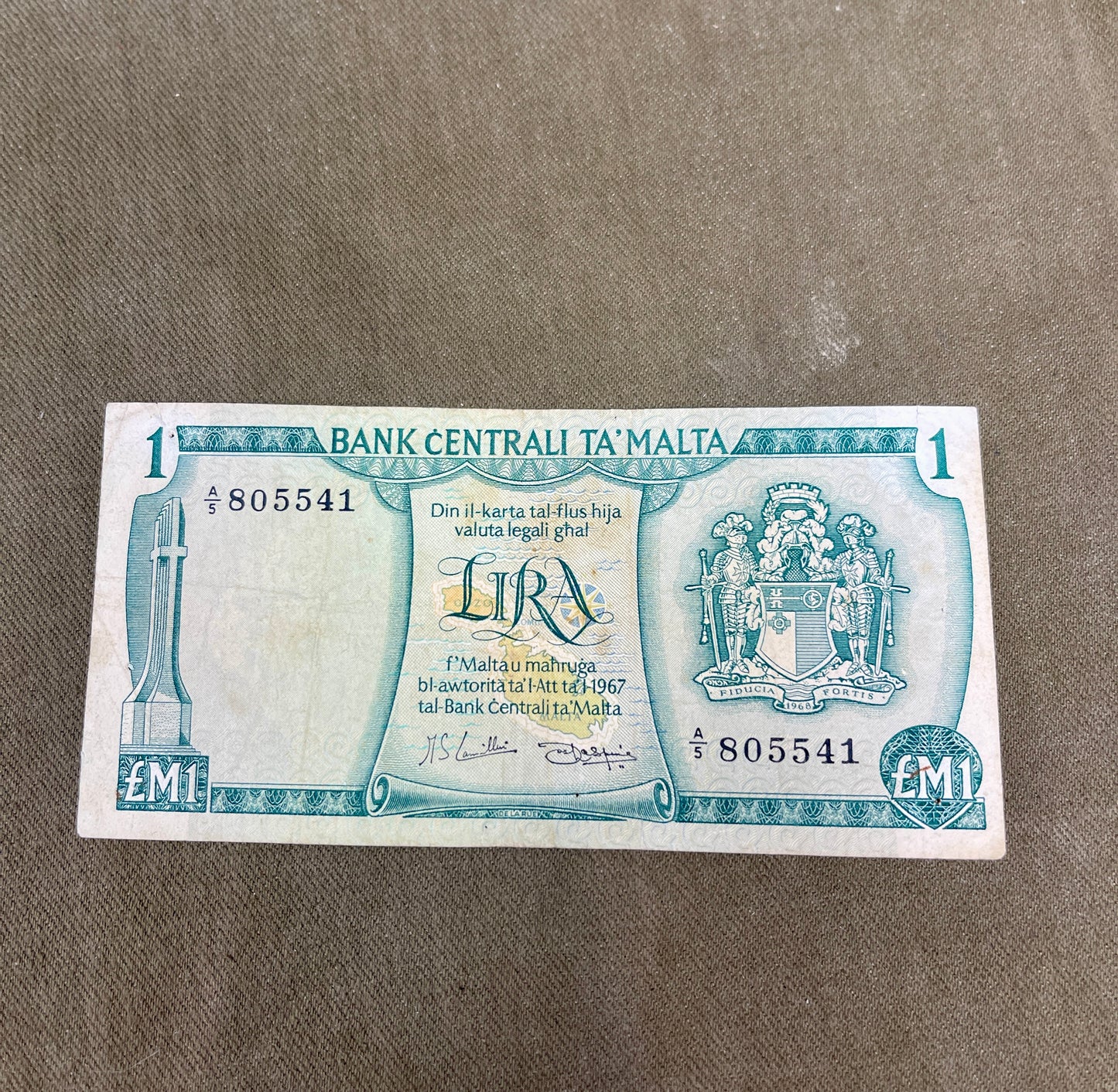 1967 Malta 1 Lira Banknote – Bank Centrali Ta’ Malta