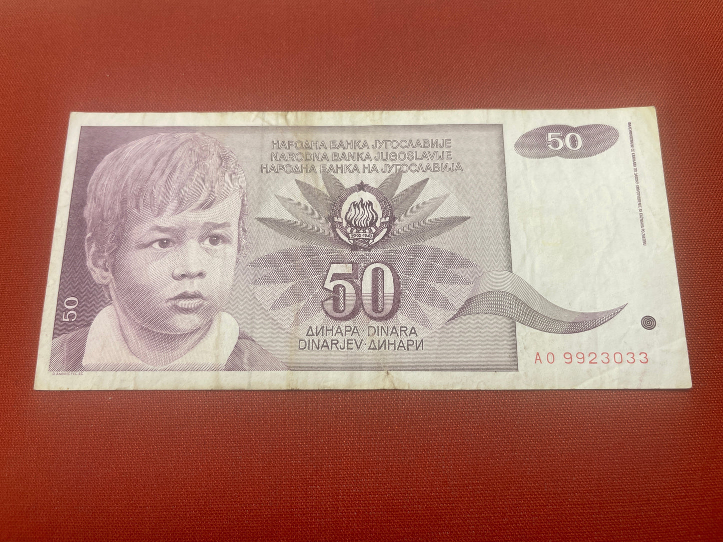 Socialist Republic of Yugoslavia 1963 - 1992 50 Dinara Banknote Serial AO9923033
